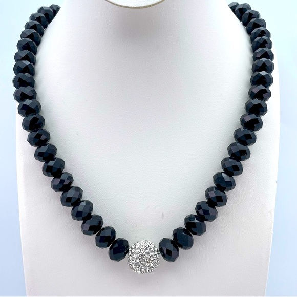 Black Faceted Bead Necklace with Rhinestone Pave Ball Accent 22” Long